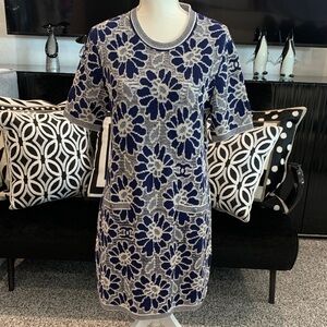 CHANEL Navy & Cream Floral Knit Dress with Cream Slip